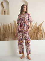 Rust V-Neck Pure Cotton Printed Night Suit for Women - SanskrutiHomes
