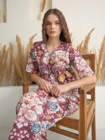 Rust V-Neck Pure Cotton Printed Night Suit for Women - SanskrutiHomes