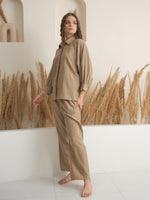 Beige Shirt Collar Pure Cotton Solid Night Suit for Women - SanskrutiHomes