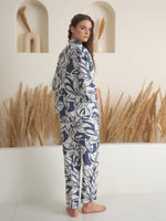Blue Shirt Collar Viscose Rayon Printed Night Suit for Women - SanskrutiHomes