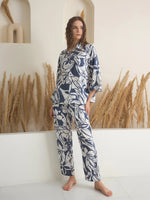 Blue Shirt Collar Viscose Rayon Printed Night Suit for Women - SanskrutiHomes