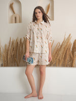Cream Shirt Collar Pure Cotton Printed Night Suit for Women - SanskrutiHomes