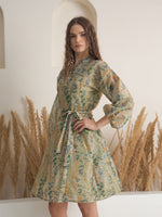 Green Floral Printed Round Neck Dress with inner - SanskrutiHomes