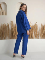 Blue Shirt Collar Pure Cotton Shirt Solid Co-ords Set for Women - SanskrutiHomes