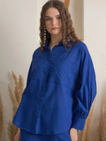 Blue Shirt Collar Pure Cotton Shirt Solid Co-ords Set for Women - SanskrutiHomes