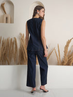 Navy Blue Denim Shirt Collar Pure Cotton Top Dyed Co-ords Set for Women - SanskrutiHomes