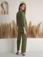 Olive V Neck Pure Cotton Solid Night Suit for Women - SanskrutiHomes