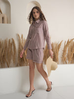 Mauve Color Shirt Collar Pure Cotton Dyed Co-ords Set for Women - SanskrutiHomes