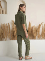 Olive Shirt Collar Viscose Rayon Co-ords Set for Women - SanskrutiHomes