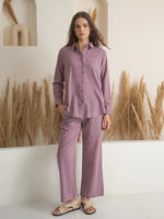 Purple Shirt Collar Pure Cotton Top Solid Co-ords Set for Women - SanskrutiHomes