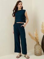 Set of 3 Blue Solid Cotton Co-ords Set for Women - SanskrutiHomes