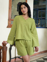 Cotton Solid Green Night Suit with Shorts - SanskrutiHomes