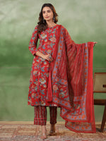 Maroon Cotton Round Neck Floral Printed Kurta Set for Women - SanskrutiHomes