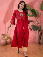 Red Round Neck Cotton Kurta for Women - SanskrutiHomes