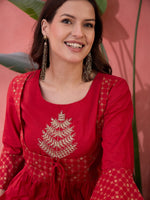 Red Round Neck Cotton Kurta for Women - SanskrutiHomes