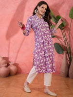 Purple Floral Printed Cotton Kurta for Women - SanskrutiHomes