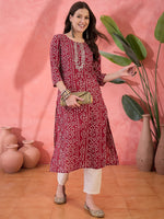 Red Printed Cotton Kurta for Women - SanskrutiHomes
