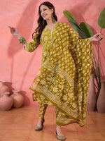 Lime Green Floral Printed Kurta Set for Women - SanskrutiHomes