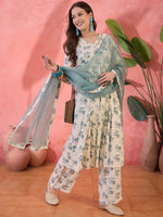Off White Floral Printed Kurta Set for Women - SanskrutiHomes