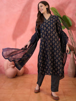 Navy Blue ethnic motifs Printed Cotton Kurta Set for Women - SanskrutiHomes