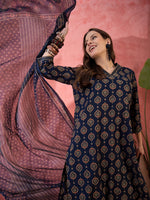 Navy Blue ethnic motifs Printed Cotton Kurta Set for Women - SanskrutiHomes