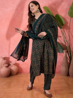 Green Floral Printed Kurta Set for Women - SanskrutiHomes