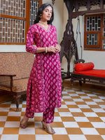 Pink floral Print V-Neck Pure Cotton Kurta Set for Women - SanskrutiHomes