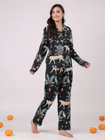 Black Animal Printed Night Suit Set for Women - SanskrutiHomes