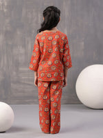 Orange Flower Printed Cotton Kids Night Suits - SanskrutiHomes