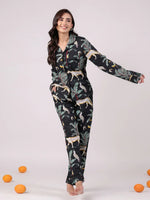 Black Animal Printed Night Suit Set for Women - SanskrutiHomes