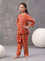 Orange Flower Printed Cotton Kids Night Suits - SanskrutiHomes