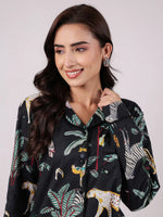 Black Animal Printed Night Suit Set for Women - SanskrutiHomes