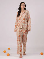Orange Flower Printed Cotton Night Suit - SanskrutiHomes