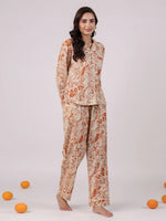 Orange Flower Printed Cotton Night Suit - SanskrutiHomes