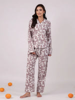 White Flower Printed Night Suit Set - SanskrutiHomes