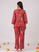 Red Flower Round Neck Night Suit Set - SanskrutiHomes