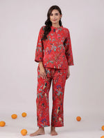 Red Flower Round Neck Night Suit Set - SanskrutiHomes