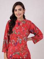 Red Flower Round Neck Night Suit Set - SanskrutiHomes