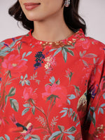 Red Flower Round Neck Night Suit Set - SanskrutiHomes
