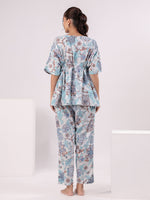 Blue Printed Kaftan Night Suit Set for Women - SanskrutiHomes
