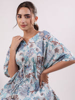 Blue Printed Kaftan Night Suit Set for Women - SanskrutiHomes