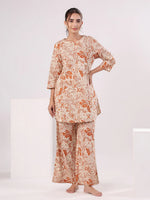Orange Printed Cotton Night Suit Set for Women - SanskrutiHomes