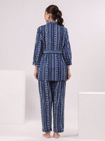 Blue Strait Line Printed Night Suit - SanskrutiHomes