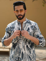 Men's Floral Pure Cotton Grey Printed Kurta - SanskrutiHomes