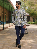 Men's Ethnic Motifs Pure Cotton Navy Blue Printed Kurta - SanskrutiHomes