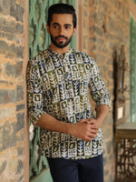 Men's Ethnic Motifs Pure Cotton Navy Blue Printed Kurta - SanskrutiHomes