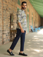 Men's Ethnic Motifs Pure Cotton Navy Blue Printed Kurta - SanskrutiHomes