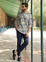 Men's Ethnic Motifs Pure Cotton Navy Blue Printed Kurta - SanskrutiHomes