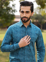 Men's Floral Print Pure Cotton Teal Casual Shirt - SanskrutiHomes