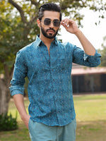 Men's Floral Print Pure Cotton Teal Casual Shirt - SanskrutiHomes